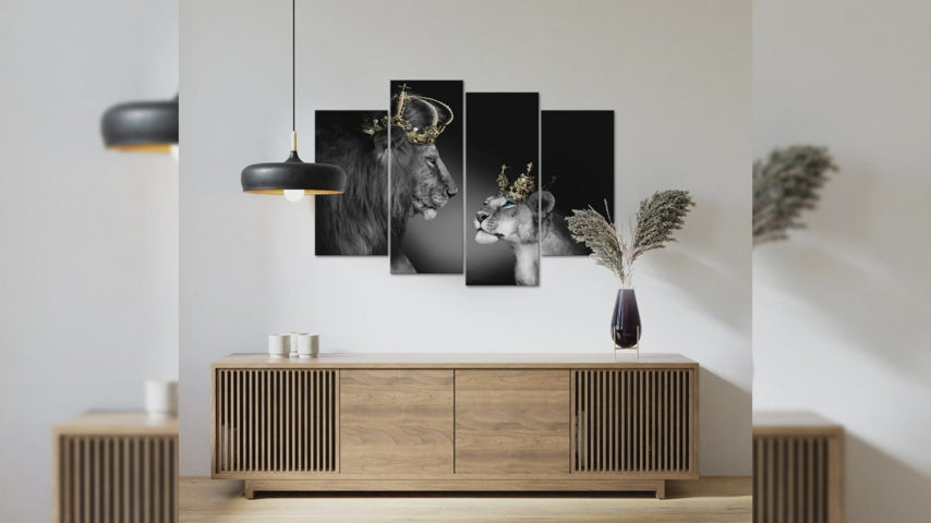 Large 4 Panel Wall Decor The Lion King and Queen with Crown Wall Art African Wild Animals Canvas Prints Pictures Black and White Modern Giclee Framed Artwork for Master Room Ready to Hang 48x33inch