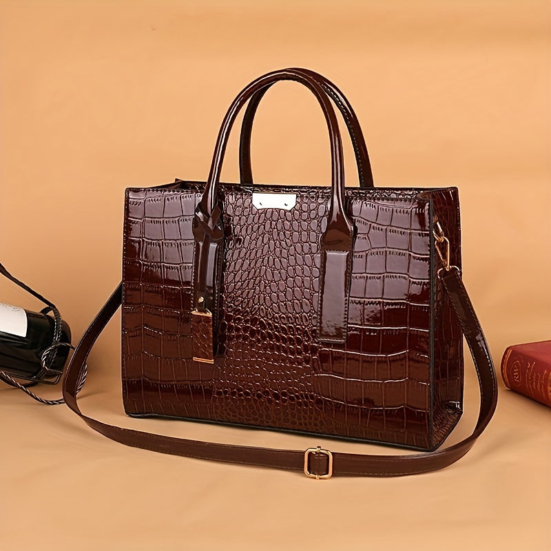 Crocodile Embossed Handbag Trendy PU Leather Top Handle Purse Womens Solid Color Shoulder Bag
