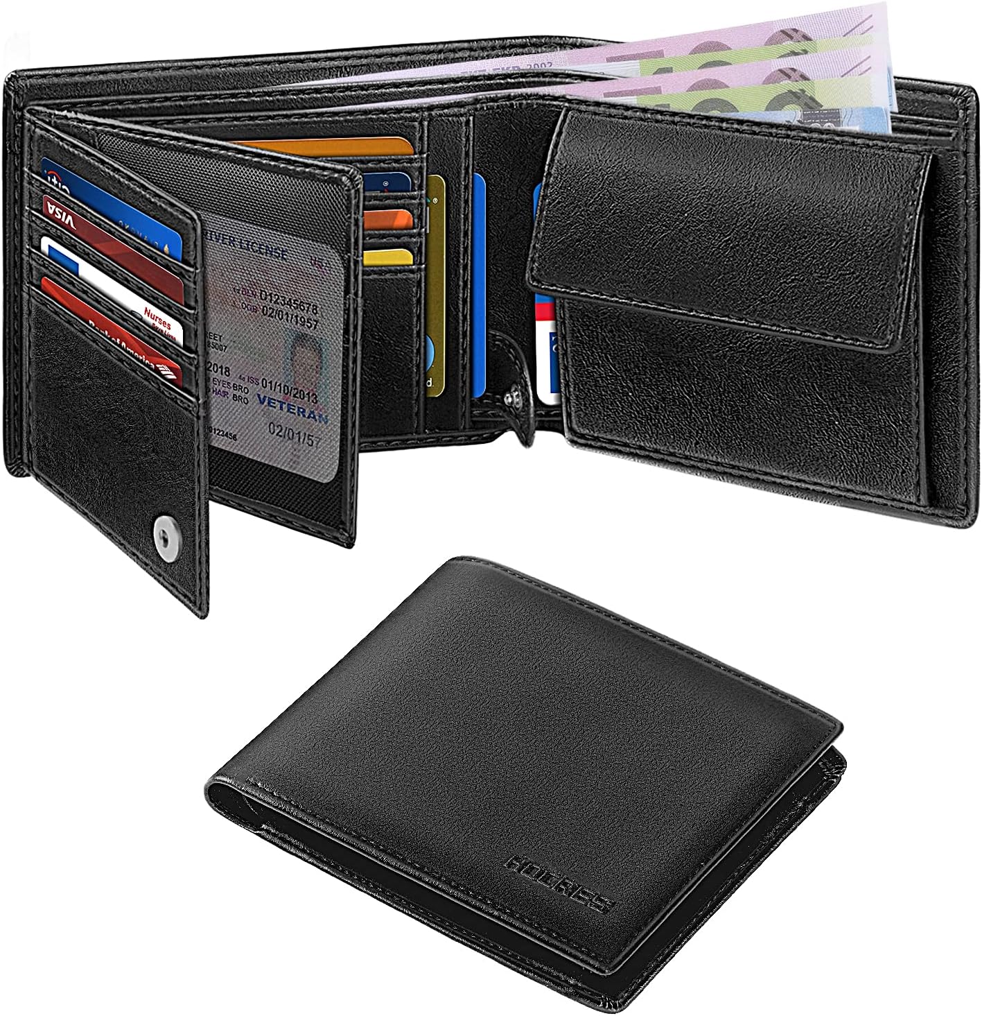 HOCRES Wallets for Mens RFID Blocking Leather Slim Wallet with 15 Credit Card Holders 2 Banknote Compartments  2 ID Window Minimalist Wallets with Gift Box