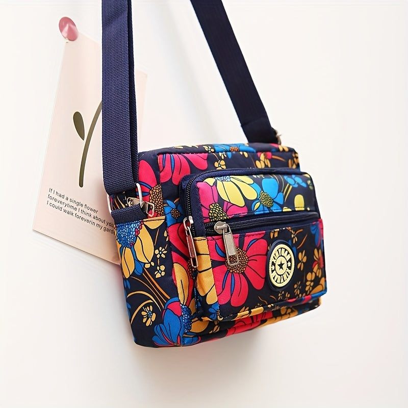 Floral Pattern Crossbody Bag Womens Multi Pocket Purse Fashion Nylon Shoulder Bag