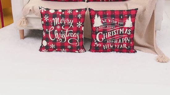 Christmas Cushion Covers Set of 4  Red Black Tartan Xmas Cushion Covers 18x18 Linen Christmas Design Cushion Covers Christmas Square Pillowcase for Sofa Car Home Christmas Decor Xmas Decorations