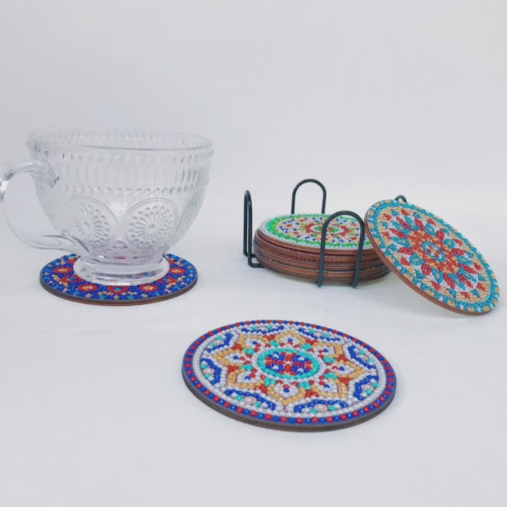 8pcs 10x10cm 394x394 Inches Round Shape Mandla Pattern Artificial Diamond Painting Coaster Set DIY Crystal Super Flash Diamond Painting Wooden Coaster With Bracket Suitable For Adult Office Coffee Mat Home Coaster Craft Supplies Gifts