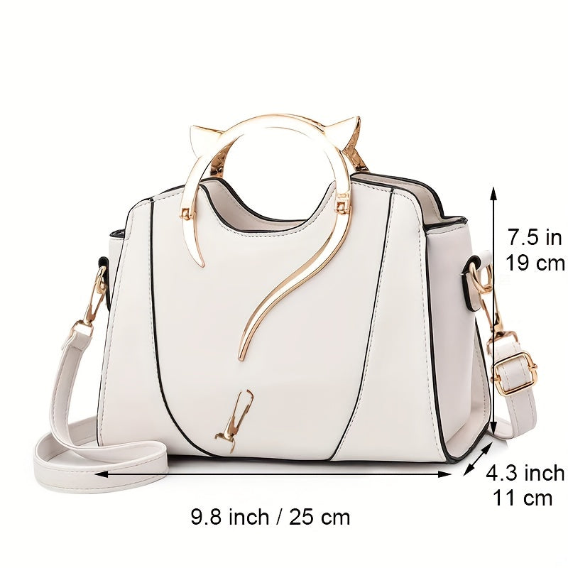 Cat Shape Handle Zipper Bag Versatile Solid Color Shoulder Purse Stylish Crossbody Bag With Removable Strap