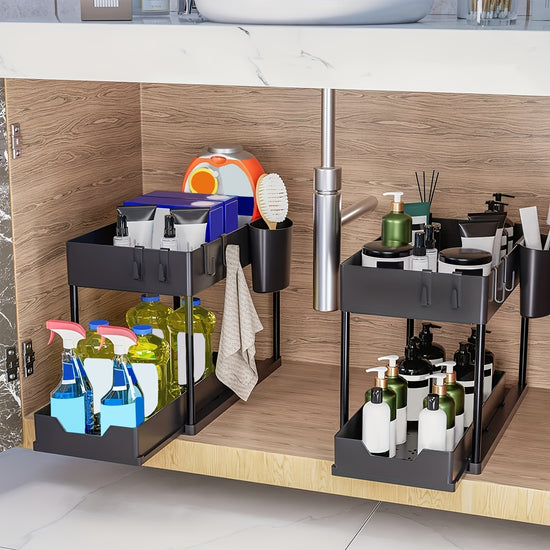 1set Under Sink Organizer 2Tier Sliding Cabinet Basket Organizer Drawers Under Sink Organizers And Storage Bathroom Kitchen Cabinet Organizer With Hooks Cup The Bottom Drawers Can Be Slid Out Kitchen Accessories