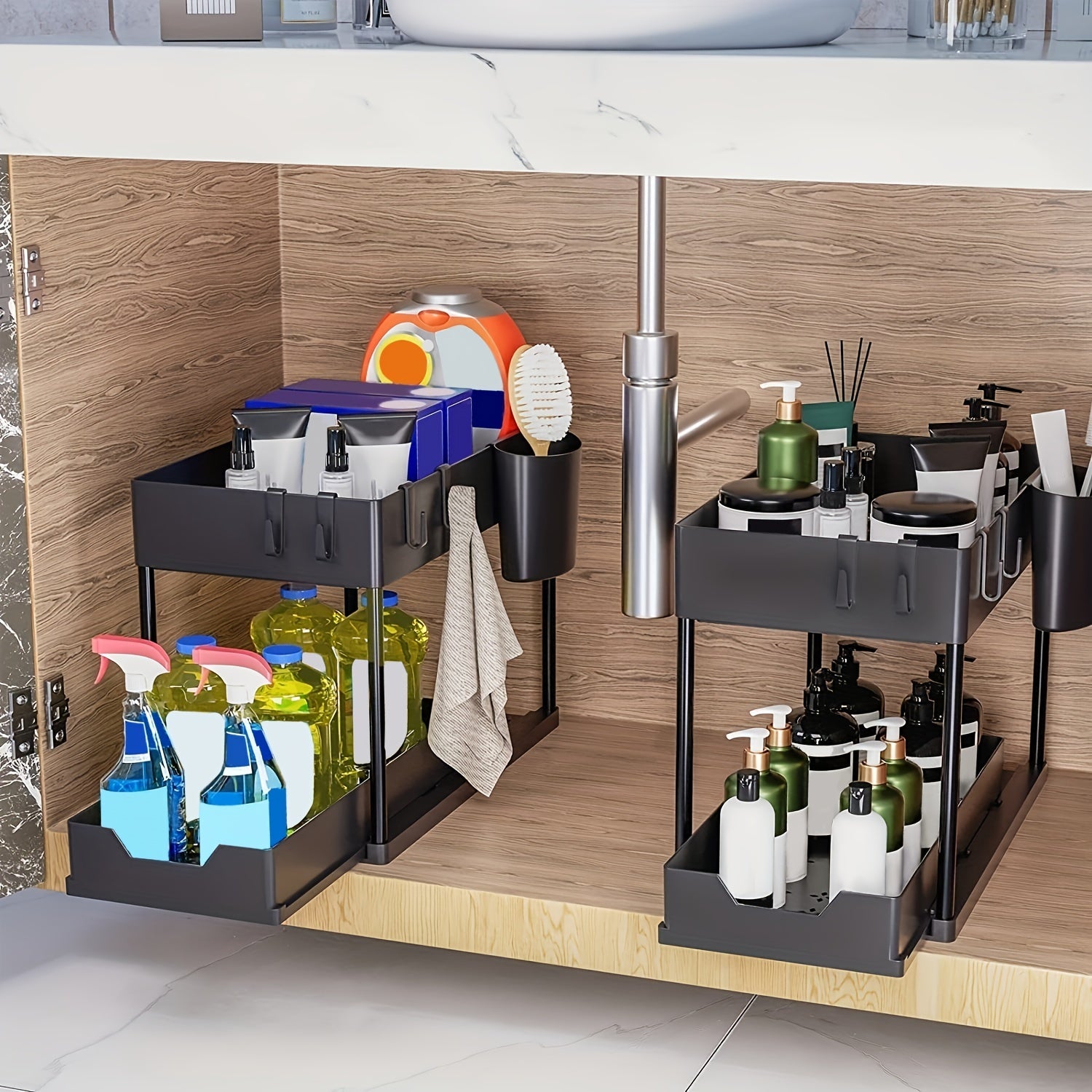 1set Under Sink Organizer 2Tier Sliding Cabinet Basket Organizer Drawers Under Sink Organizers And Storage Bathroom Kitchen Cabinet Organizer With Hooks Cup The Bottom Drawers Can Be Slid Out Kitchen Accessories