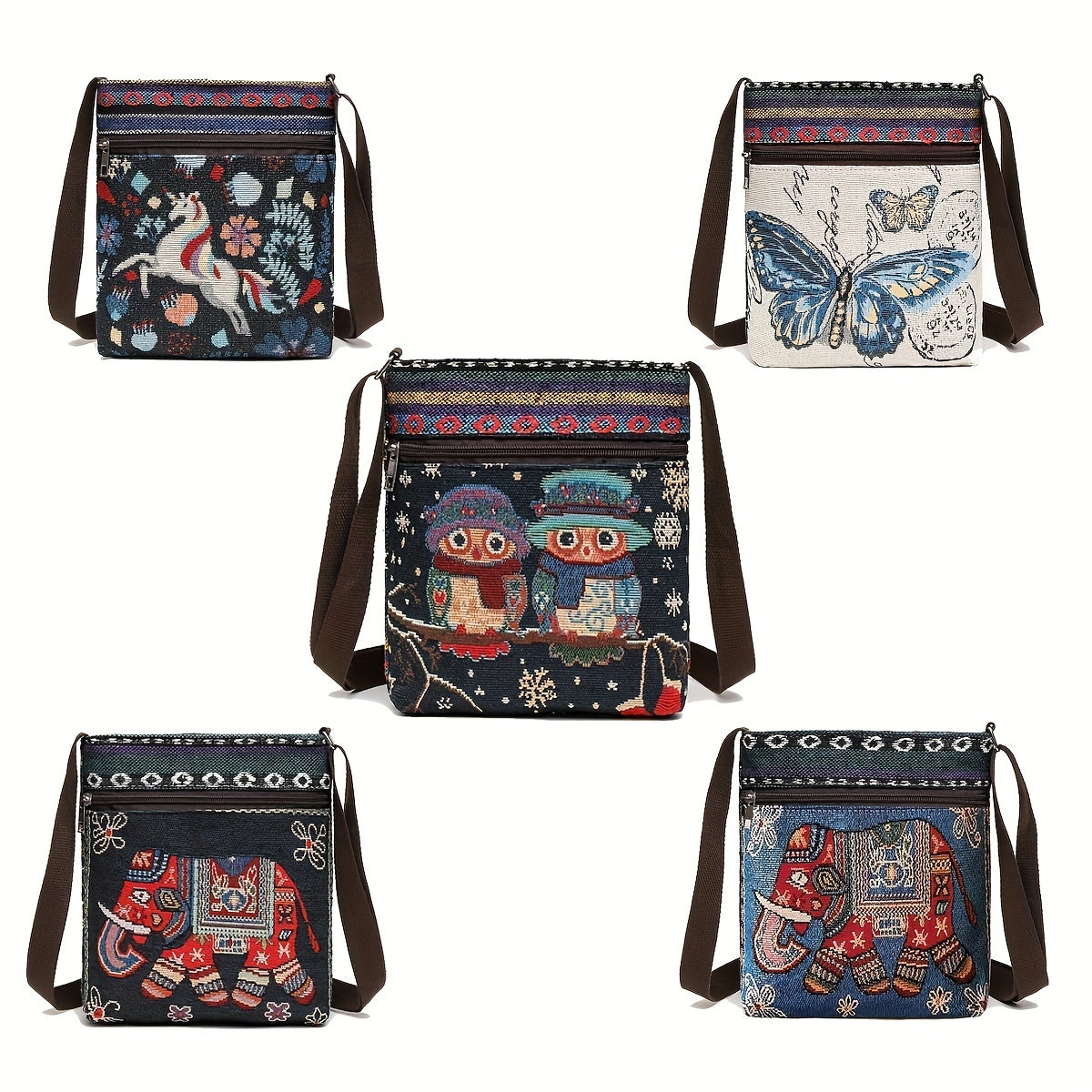 1pc Embroidered Cute Owl Elephant Butterfly Crossbody Bag Ethnic Style Shoulder Bag Large Capacity Bag For Men And Women