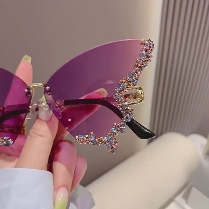 Butterfly Rimless Fashion Sunglasses For Women Luxury Rhinestone Decorative Glasses For Party Prom Club