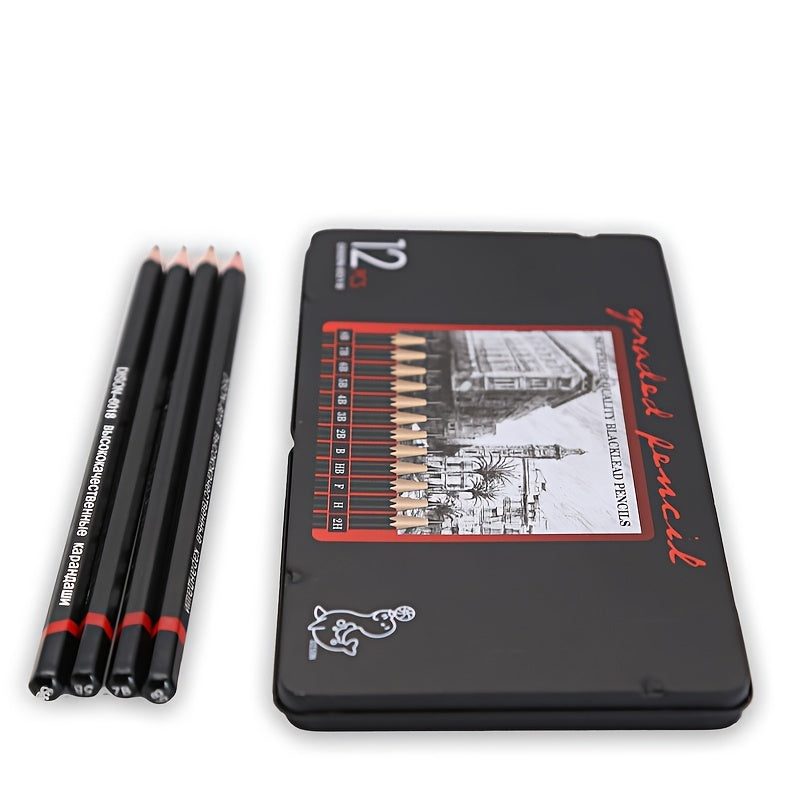 12pcsLot Wooden Lead Pencils Set 2H8B Metal Box Packed Professional Drawing Writing Pencils Smooth Use Presharpened