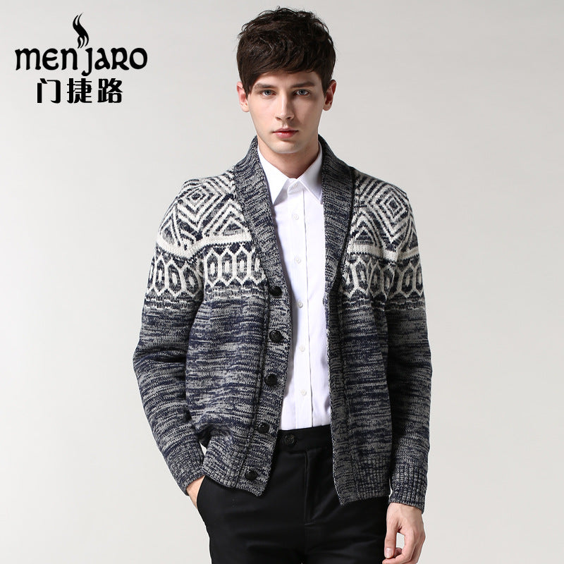 Menjielu Men's Jacquard Men's Sweater Outerwear British Style Slim-fit Sweater V-neck Autumn And Winter Thick Cardigan