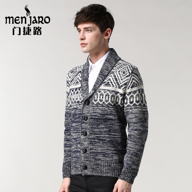 Menjielu Men's Jacquard Men's Sweater Outerwear British Style Slim-fit Sweater V-neck Autumn And Winter Thick Cardigan