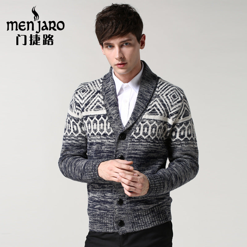Menjielu Men's Jacquard Men's Sweater Outerwear British Style Slim-fit Sweater V-neck Autumn And Winter Thick Cardigan
