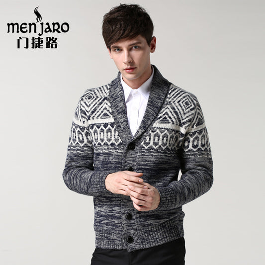 Menjielu Men's Jacquard Men's Sweater Outerwear British Style Slim-fit Sweater V-neck Autumn And Winter Thick Cardigan