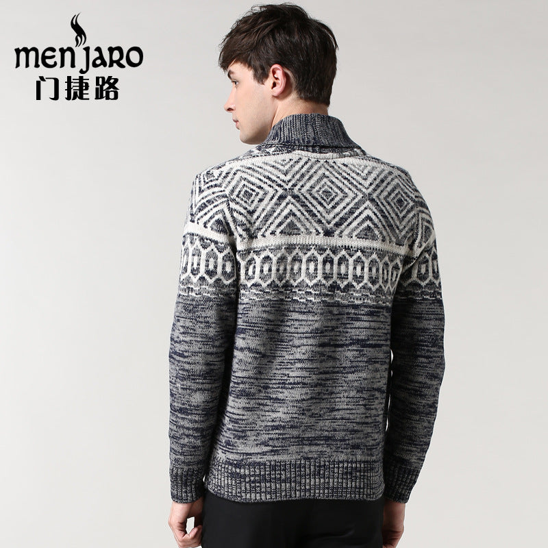 Menjielu Men's Jacquard Men's Sweater Outerwear British Style Slim-fit Sweater V-neck Autumn And Winter Thick Cardigan