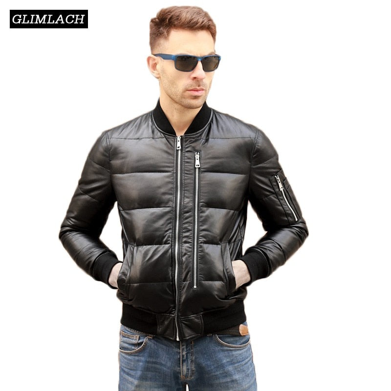 Men Winter Warm Genuine Leather White Duck Down Jackets Flight Coats Large Size Real Leather Sheepskin Bomber Jackets Aviation