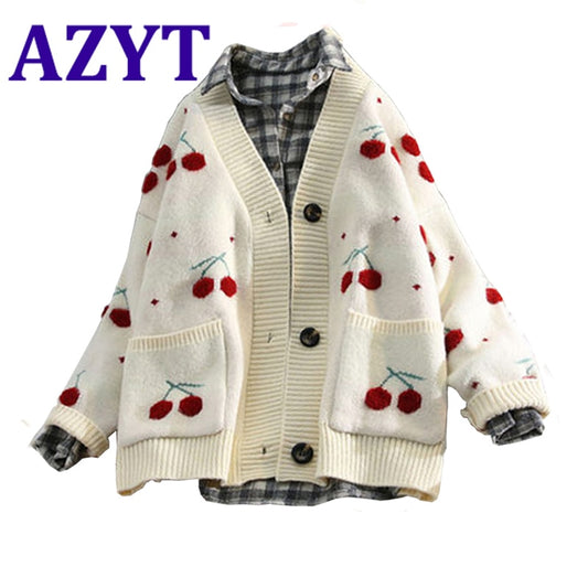 AZYT Fruit Cherry Embroidery Knitted Cardigan Loose Knit Pull Femme Autumn Winter V Neck Oversize Woman Sweater Cardigan Jacket