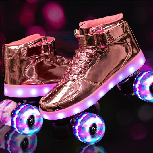 2022 New Led Rechargeable 7 Colorful Flash Shoes Double Row 4 Wheel Roller Skates Outdoor Men Women Patines