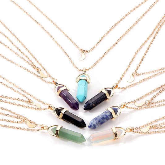 Chakra Necklace Hexagon Column Fashion Moon Crescent Bullet Pendulum Pendant Necklace