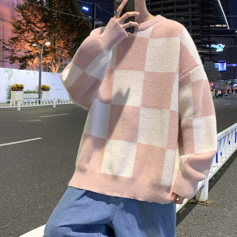 Checkerboard Sweater Men's Loose Harajuku Style Ins Round Neck Pullover Stitching Sweater Autumn And Winter Knitwear Jacket