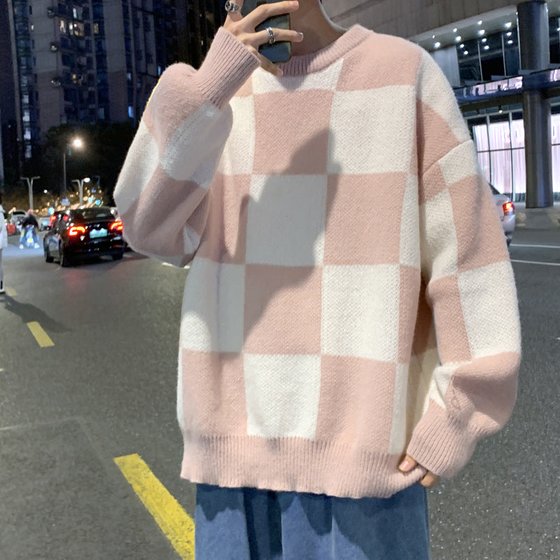 Checkerboard Sweater Men's Loose Harajuku Style Ins Round Neck Pullover Stitching Sweater Autumn And Winter Knitwear Jacket
