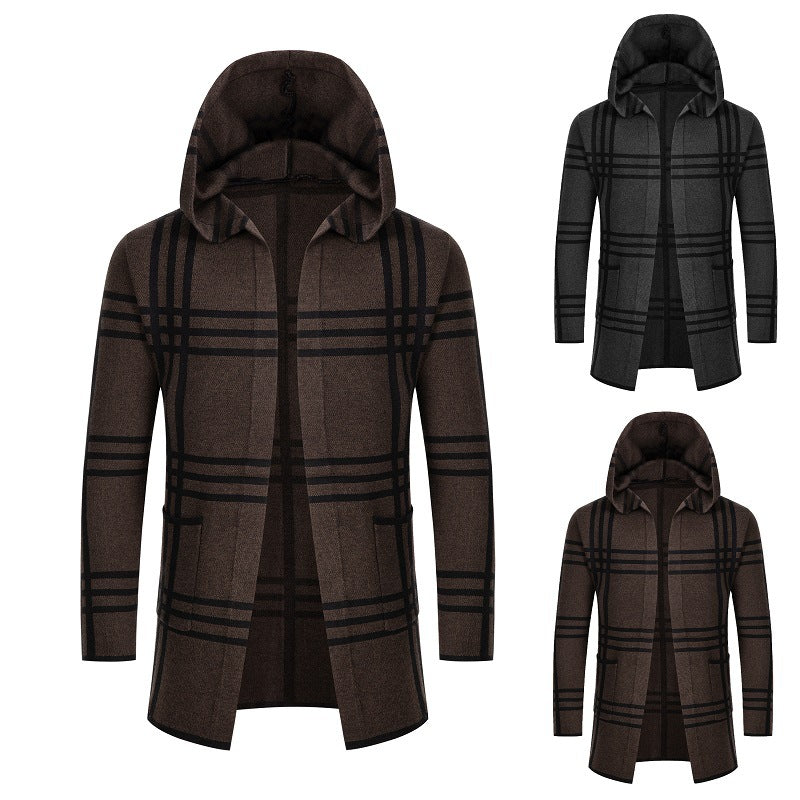 New Men's Mid-length Sweater Men's Striped Knitted Cardigan Casual Hooded Top