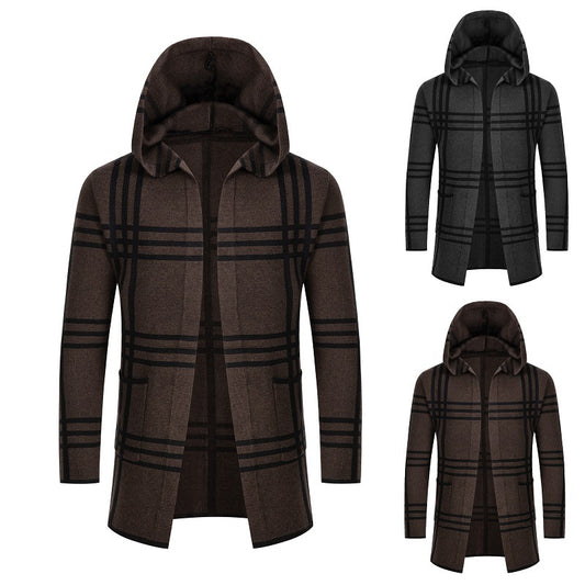 New Men's Mid-length Sweater Men's Striped Knitted Cardigan Casual Hooded Top