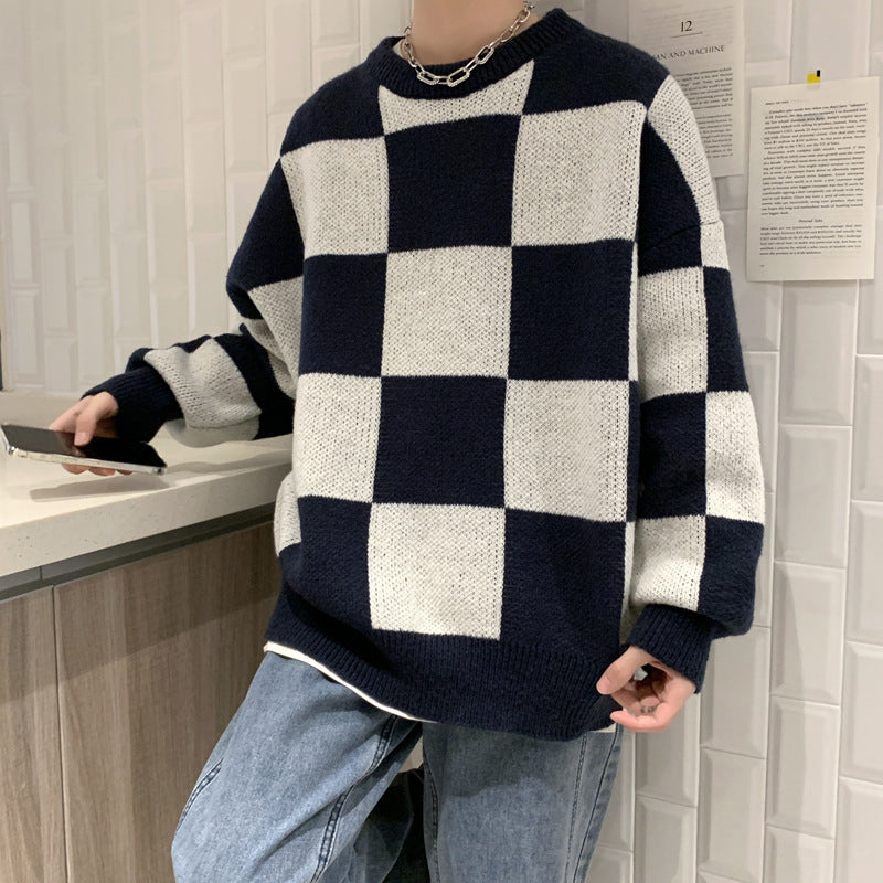 Checkerboard Sweater Men's Loose Harajuku Style Ins Round Neck Pullover Stitching Sweater Autumn And Winter Knitwear Jacket
