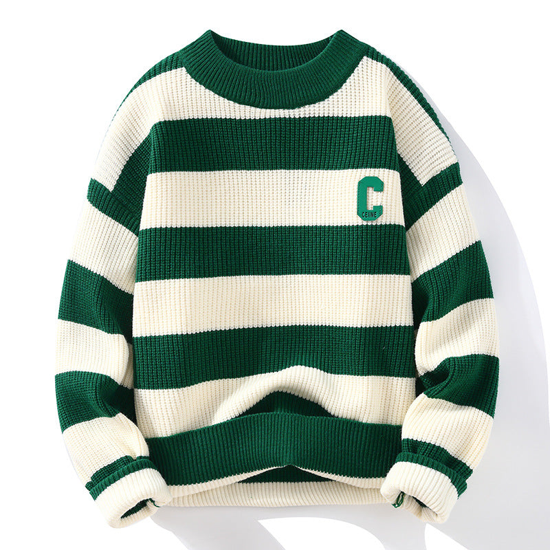On Behalf Of The 2023 Autumn New Striped Sweater Men's Korean Version Round Neck Pullover Thickened Knitted Sweater Casual Bottoming Shirt