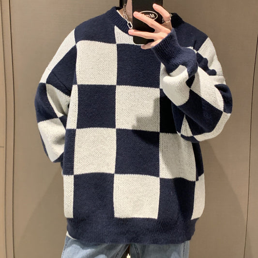 Checkerboard Sweater Men's Loose Harajuku Style Ins Round Neck Pullover Stitching Sweater Autumn And Winter Knitwear Jacket