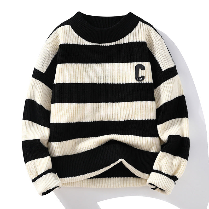 On Behalf Of The 2023 Autumn New Striped Sweater Men's Korean Version Round Neck Pullover Thickened Knitted Sweater Casual Bottoming Shirt
