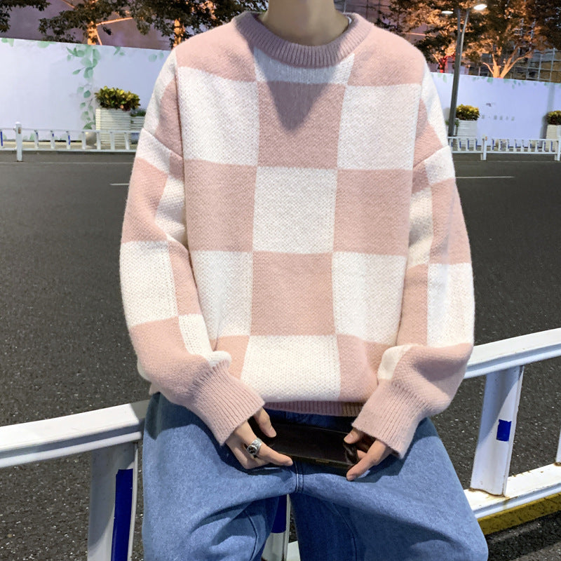 Checkerboard Sweater Men's Loose Harajuku Style Ins Round Neck Pullover Stitching Sweater Autumn And Winter Knitwear Jacket