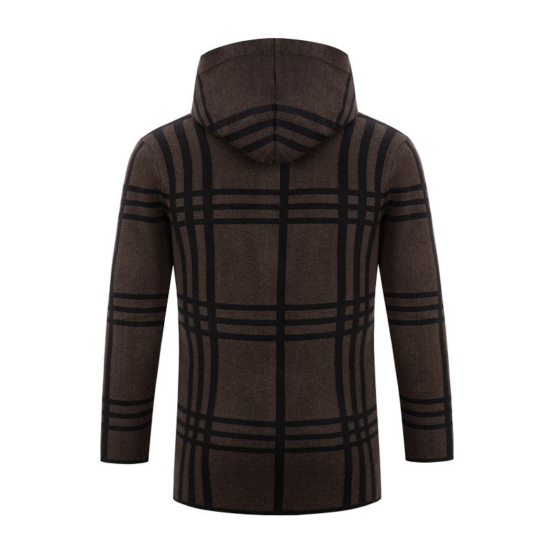 New Men's Mid-length Sweater Men's Striped Knitted Cardigan Casual Hooded Top