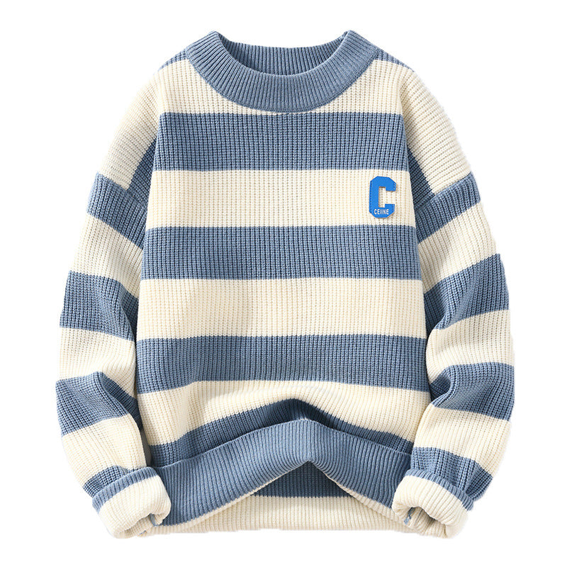 On Behalf Of The 2023 Autumn New Striped Sweater Men's Korean Version Round Neck Pullover Thickened Knitted Sweater Casual Bottoming Shirt