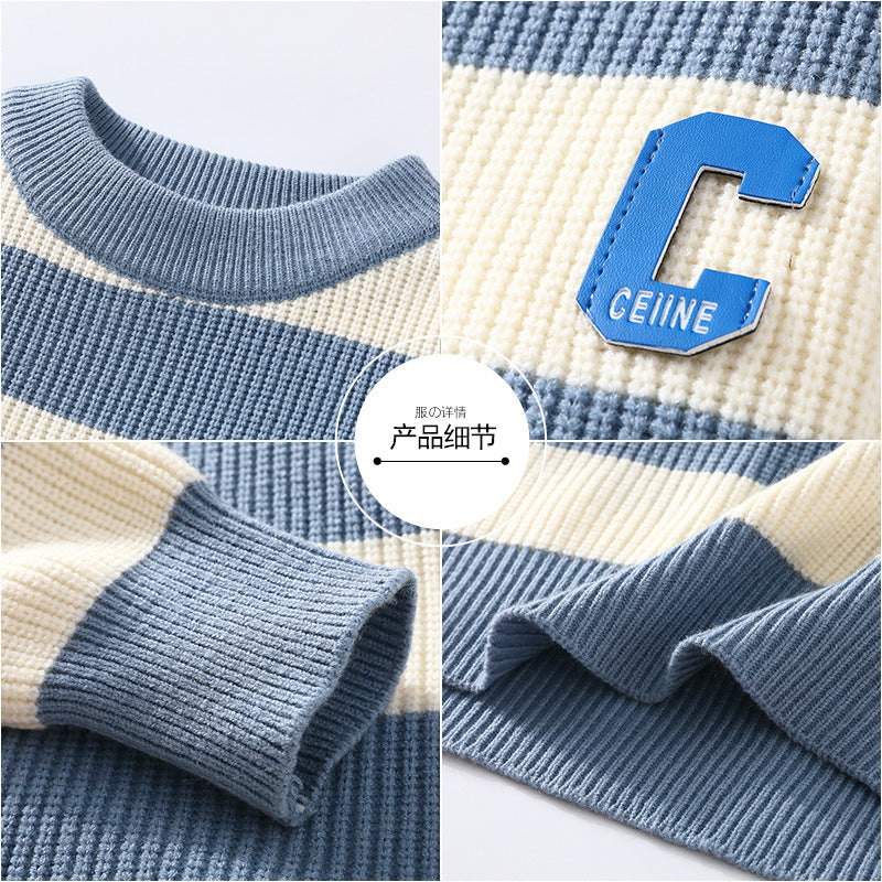 On Behalf Of The 2023 Autumn New Striped Sweater Men's Korean Version Round Neck Pullover Thickened Knitted Sweater Casual Bottoming Shirt