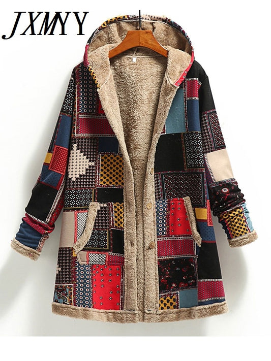 2023 Winter Vintage Women Coat Warm Printing Thick Fleece Hooded Long Jacket with Pocket Ladies Outwear Loose Coat for Women