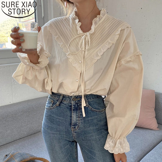 Vintage Casual Elegant Tops 2023 New Women Hollow Out Women Shirts Solid Long Sleeve Korean Style Bow Loose Blouses Blusas 9580